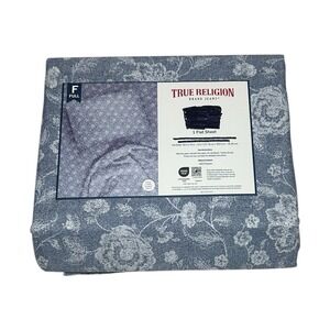 True Religion Full White-Blue Flat Fitted Flowers Polyester New